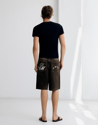 Embroidered super baggy denim Bermuda shorts — Brown 2