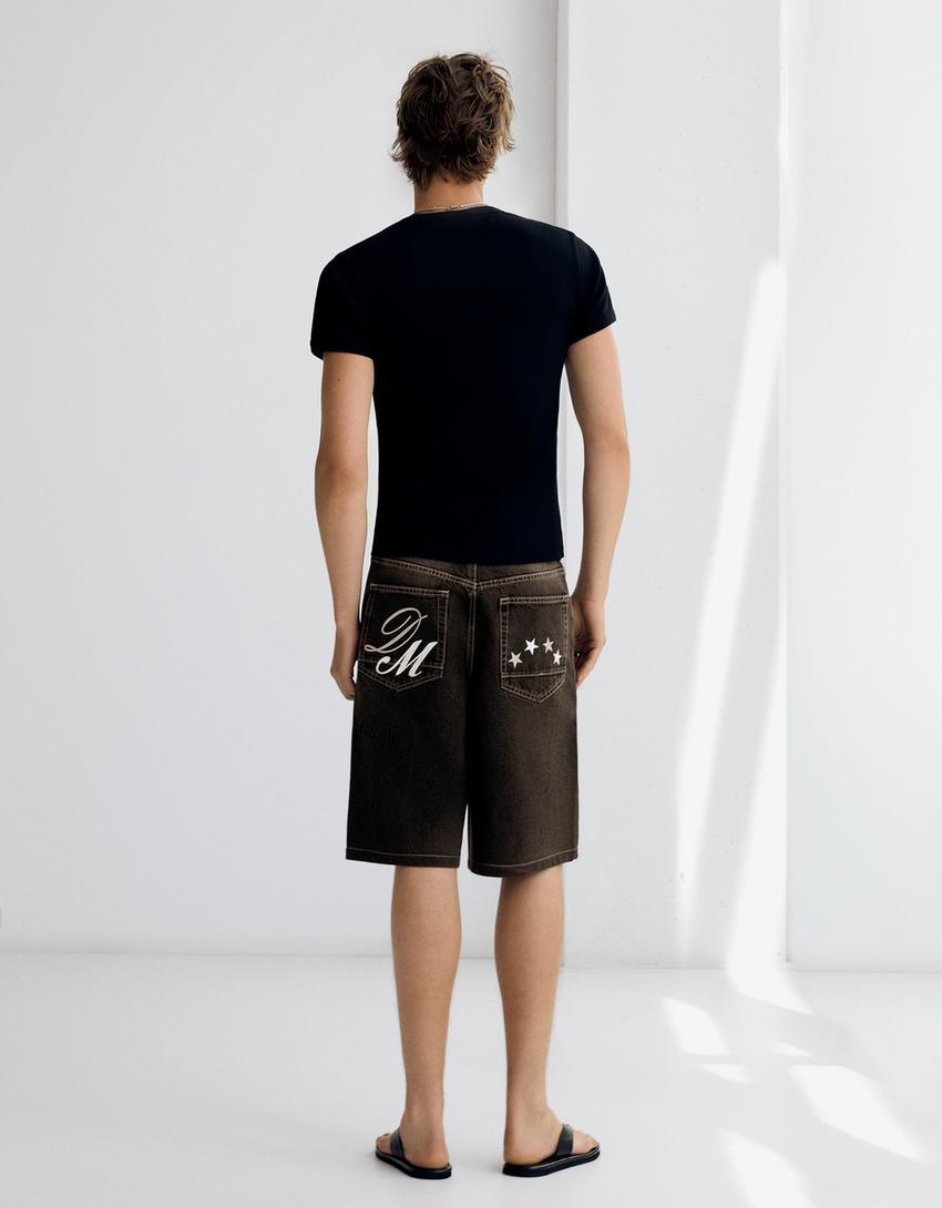Bermuda jean super baggy brodée-Marron
