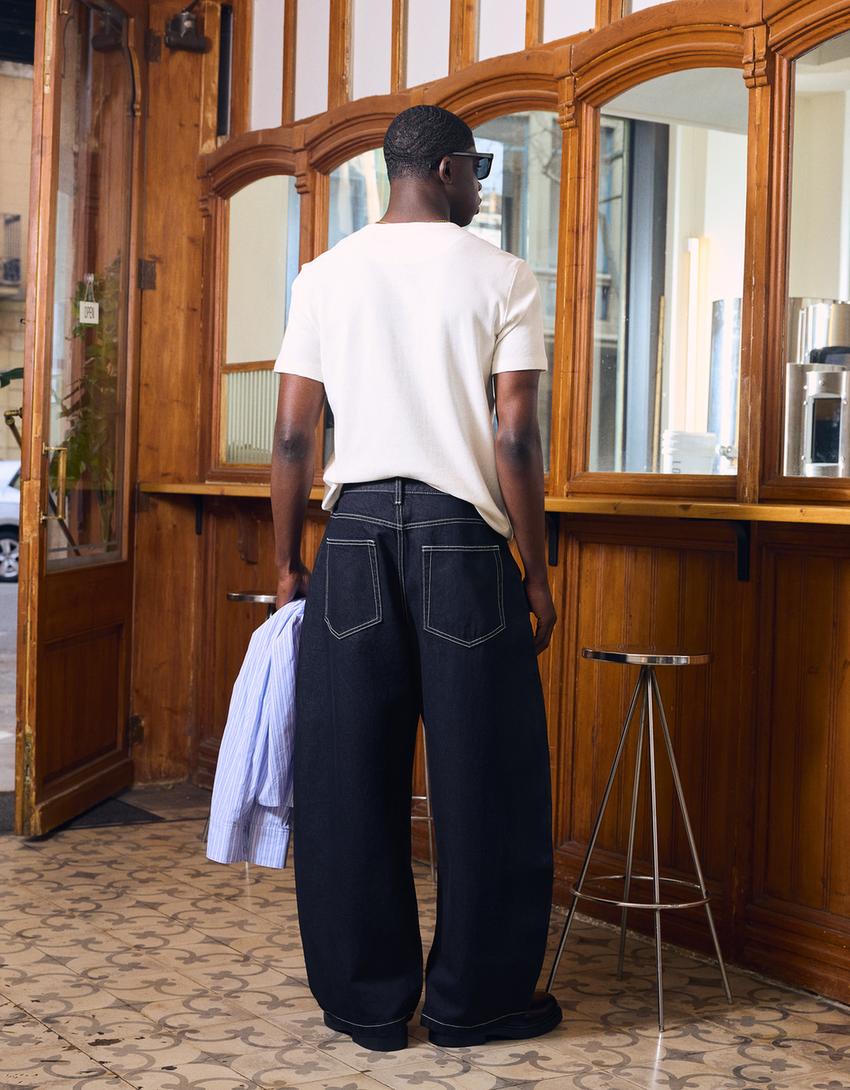 Jeans barrel à plis-Marine