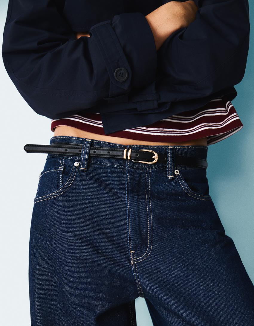 Leather effect belt with topstitching-Black-0