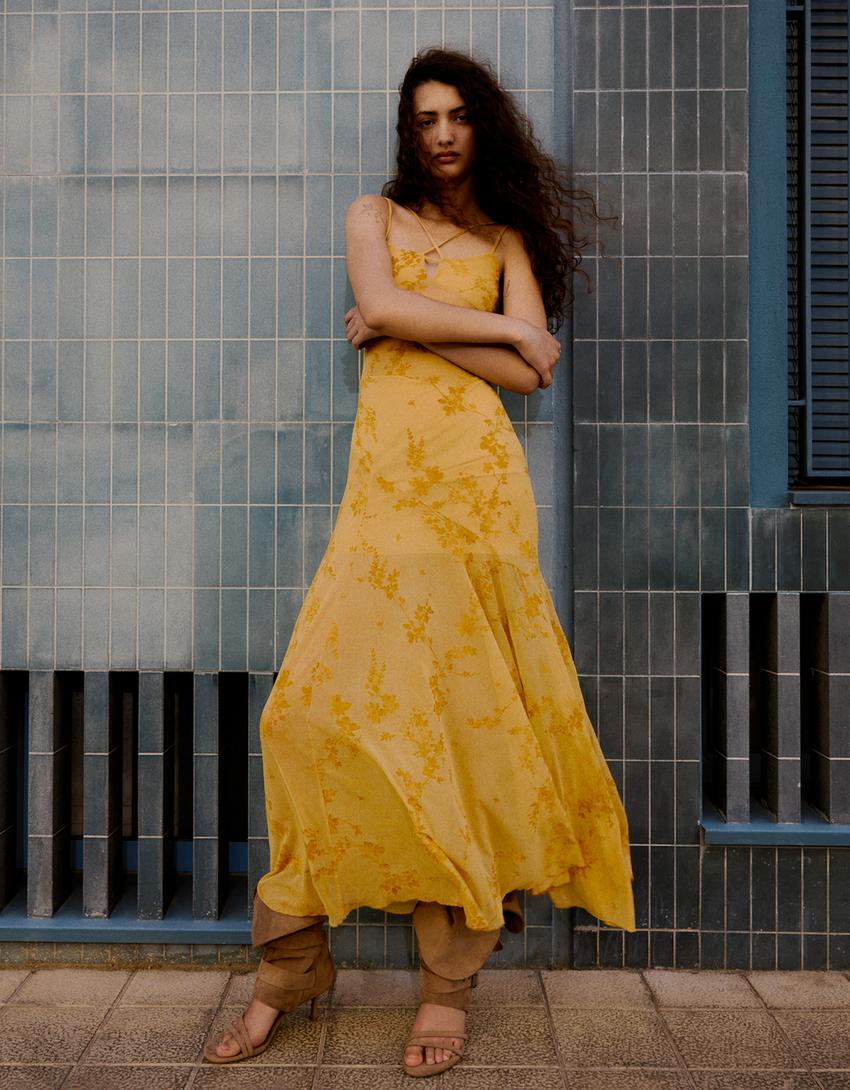 Flocked tulle strappy midi dress - Women | Bershka Flocked tulle strappy midi dress - Women | Bershka