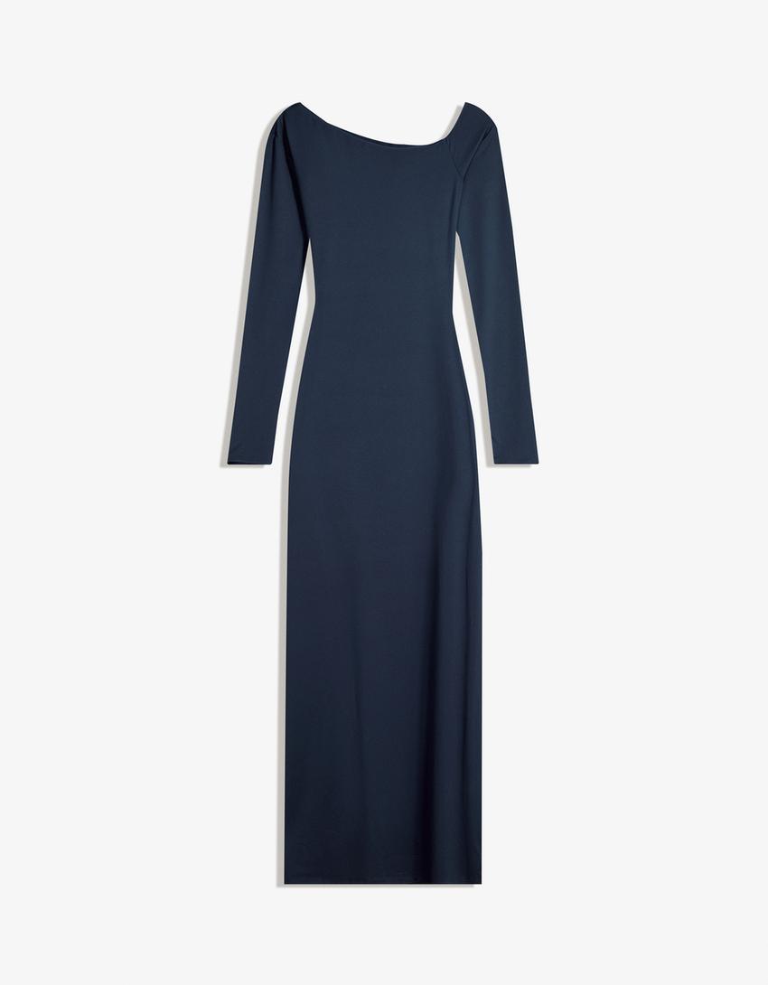 Asymmetrisches Midikleid mit langen Ärmeln-Marinenblau-4