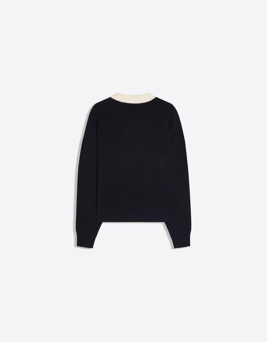 Contrast embroidered polo collar jumper-Navy