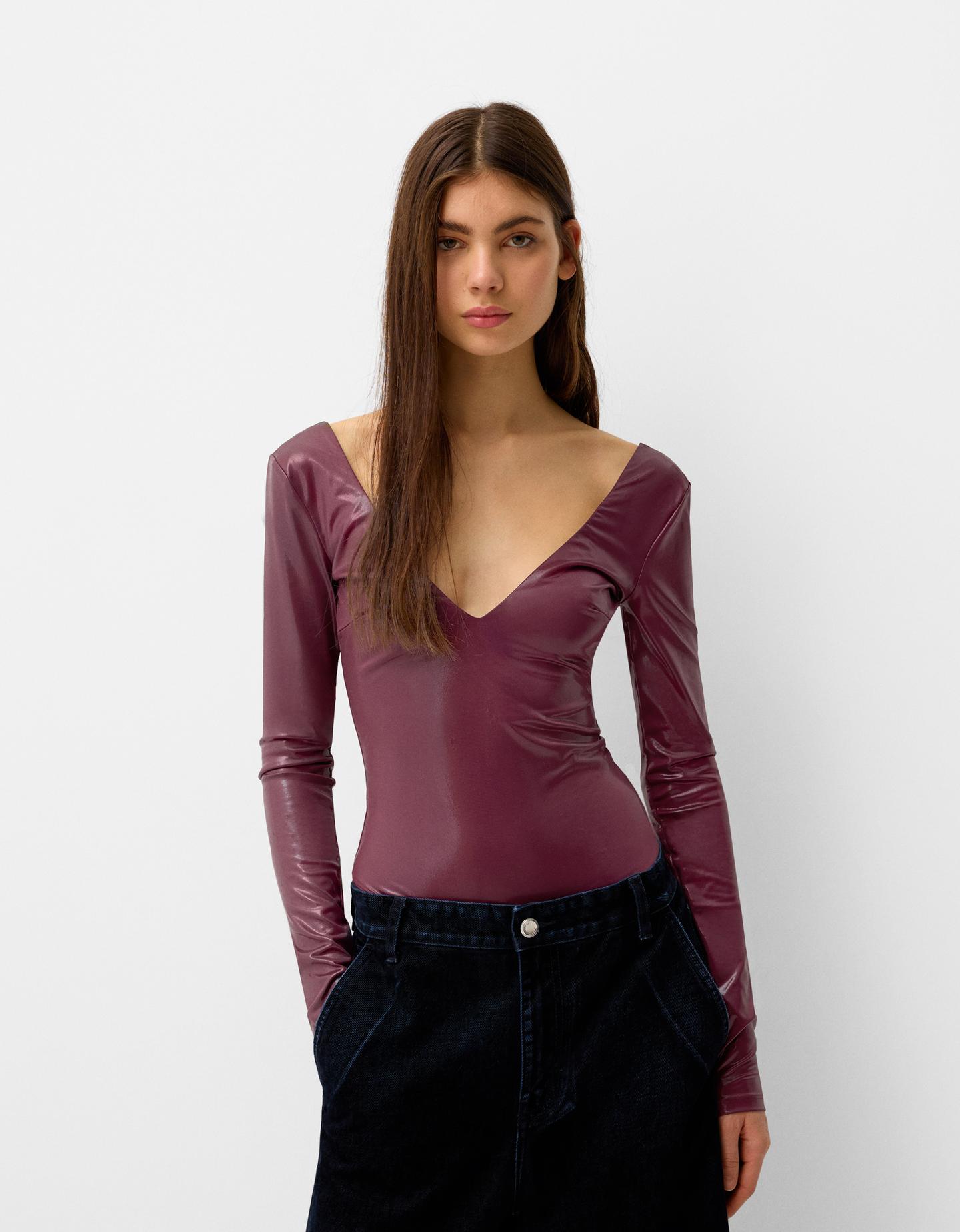 Bershka Body Manga Larga Cuello Pico Mujer S Burdeos