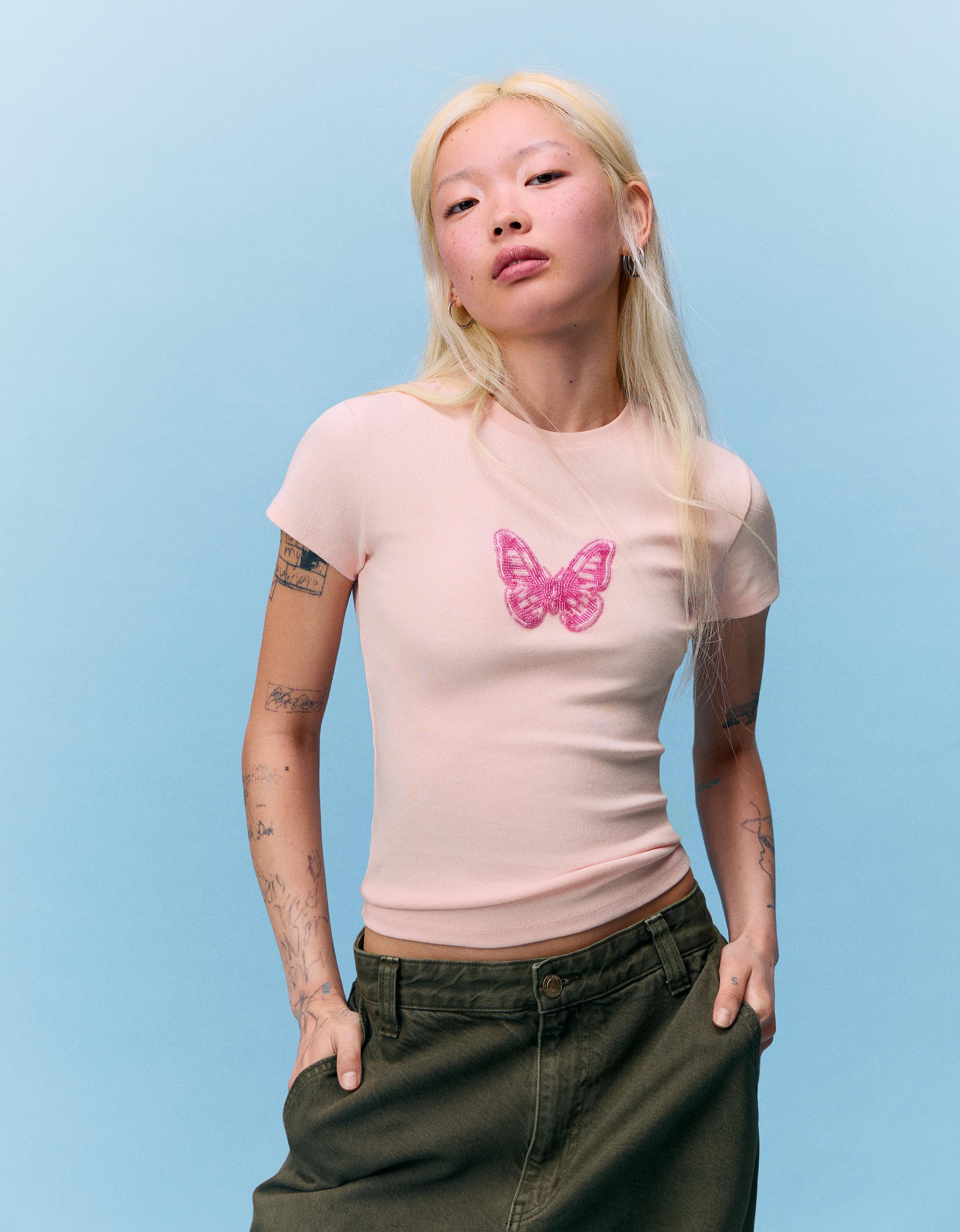 Bershka Camiseta Manga Corta Print Y Cuentas Mujer L Rosa