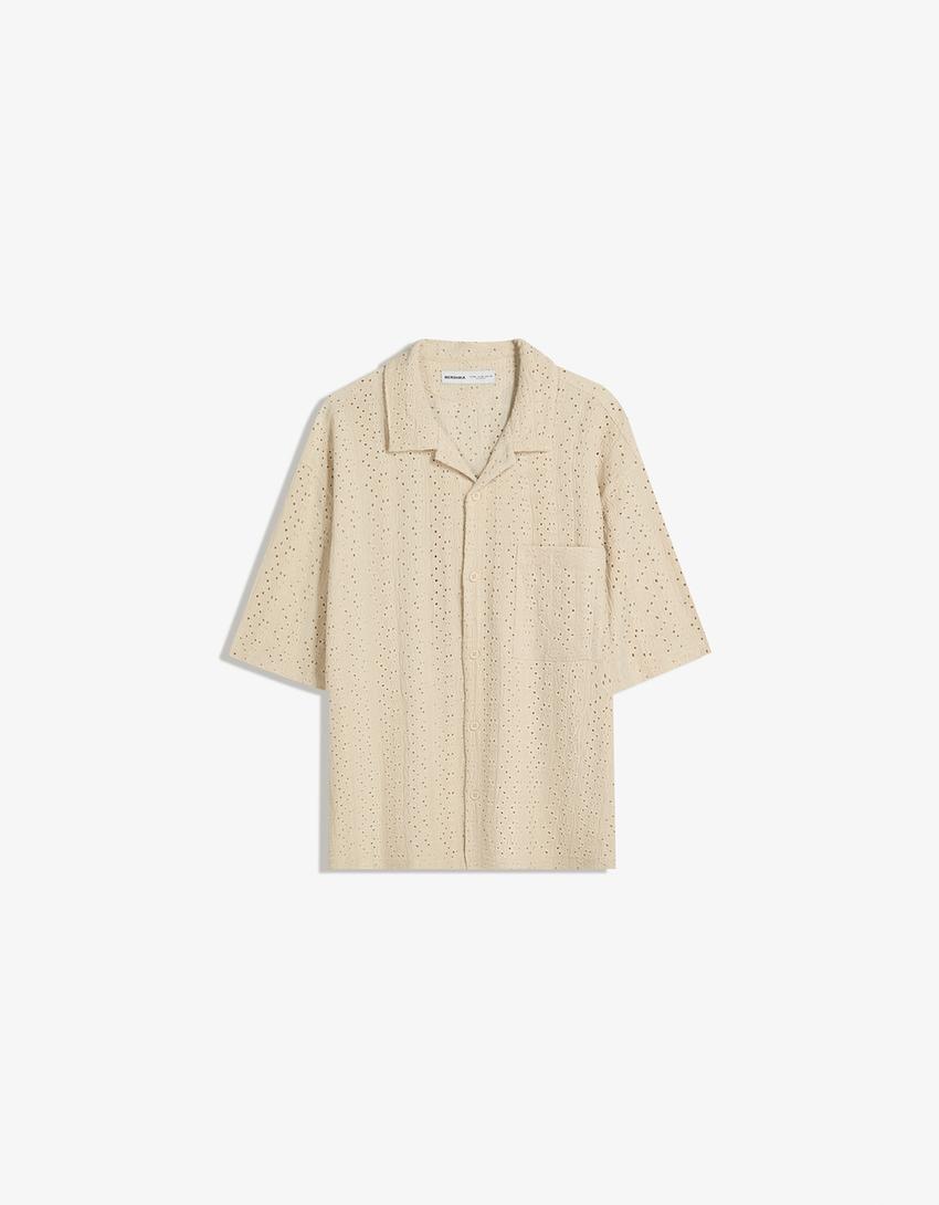 Embroidered short sleeve shirt-Sand