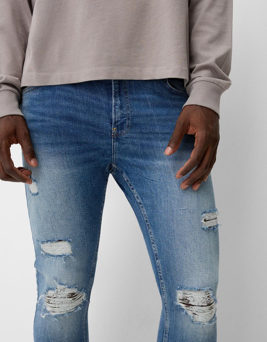 Blugi super skinny fit rupți-Albastru