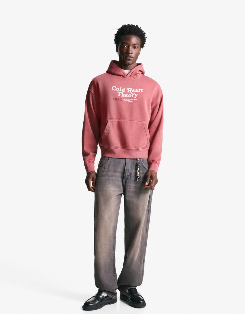 Eskitme görünümlü baskılı sweatshirt-Mercan-3