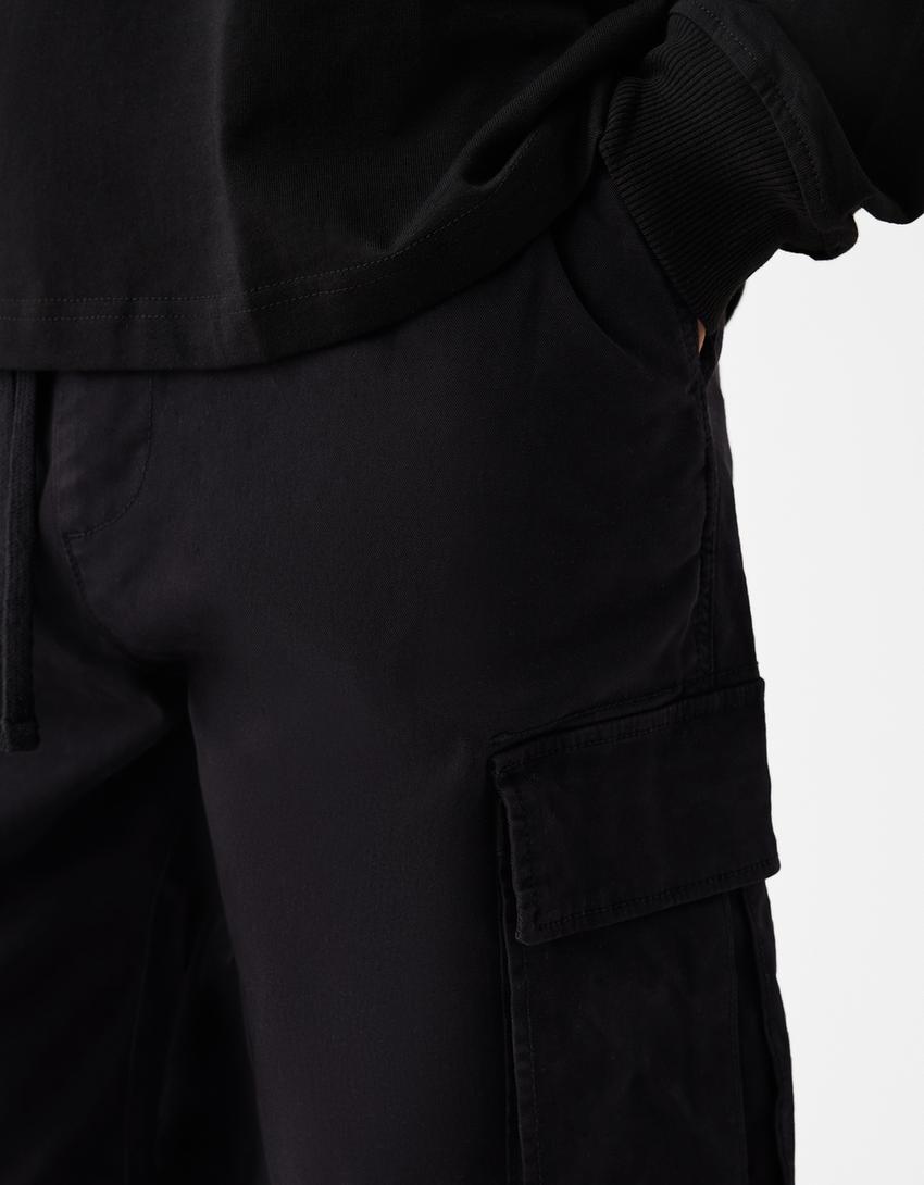 Calças cargo com algodão-Preto-5