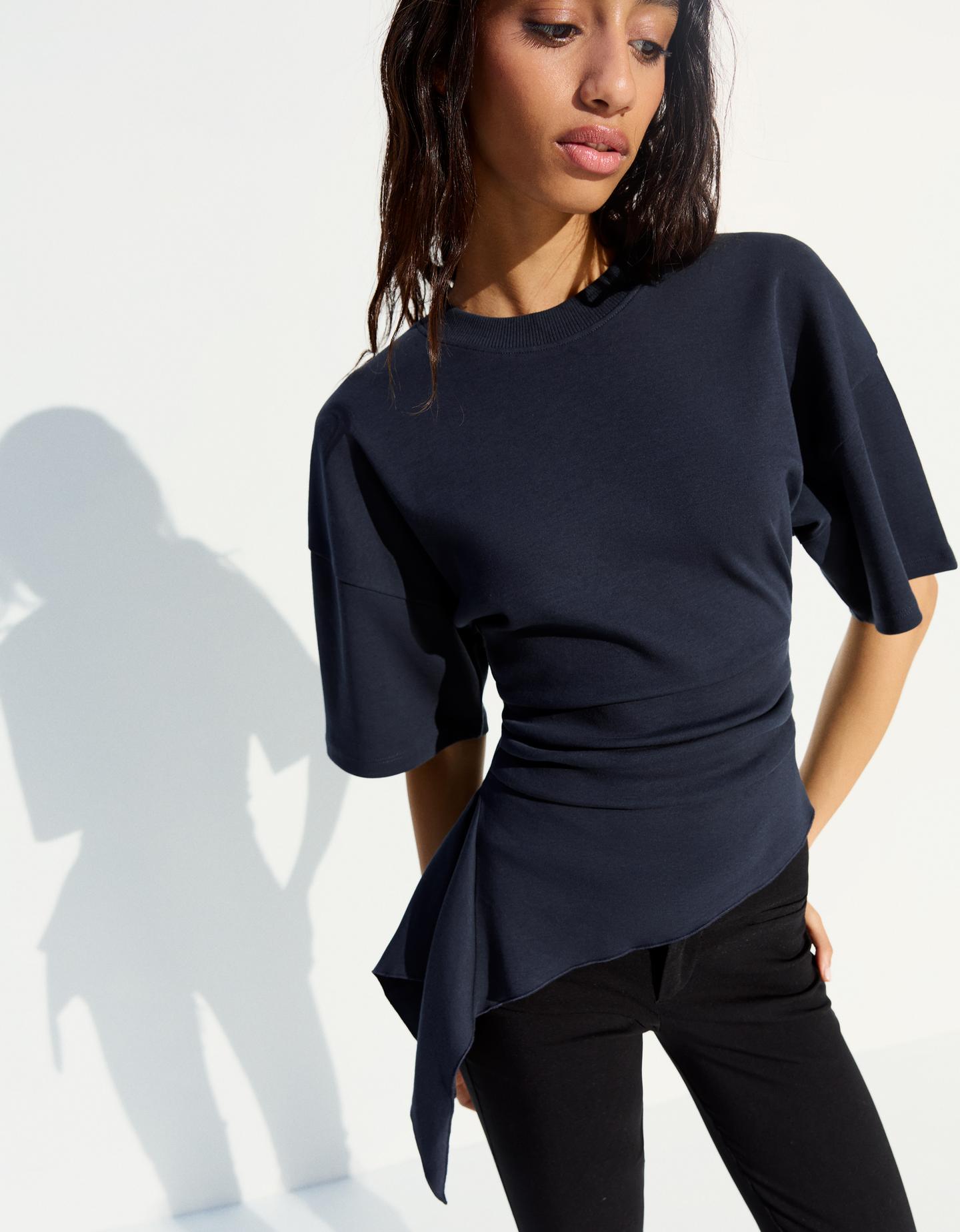 Bershka Camiseta Manga Corta Fruncido Mujer Marino