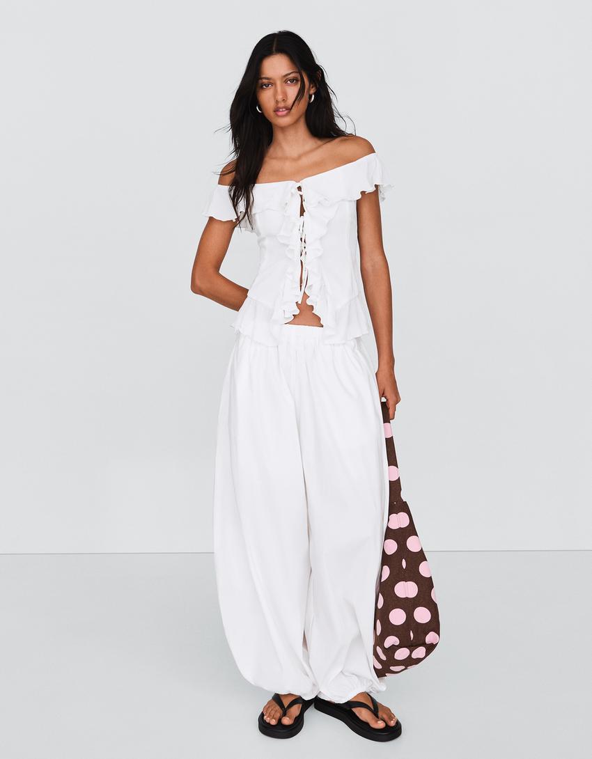 Bardot ruffled top-White