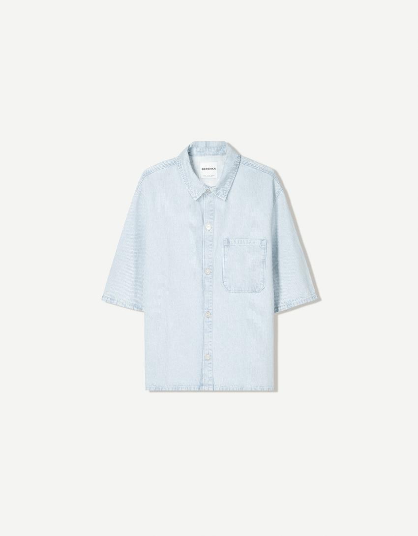 Camicia a maniche corte in denim-Azzurro Chiaro-4