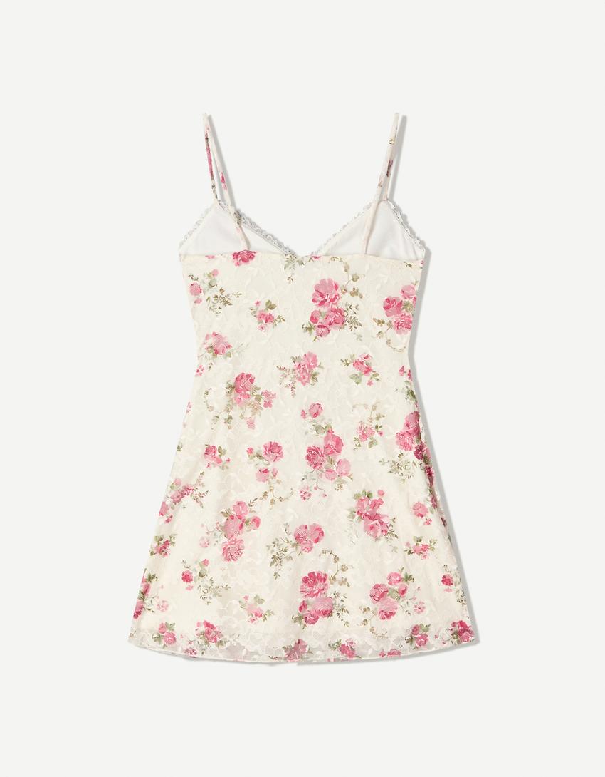 Printed blonde lace strappy mini dress-Cream