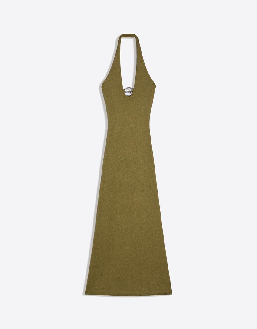 Halter neck midi dress-Khaki