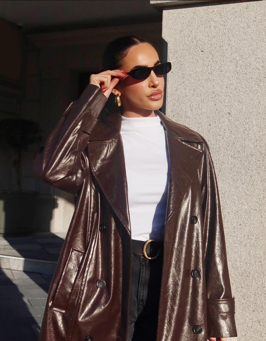 Faux leather trench coat-Maroon