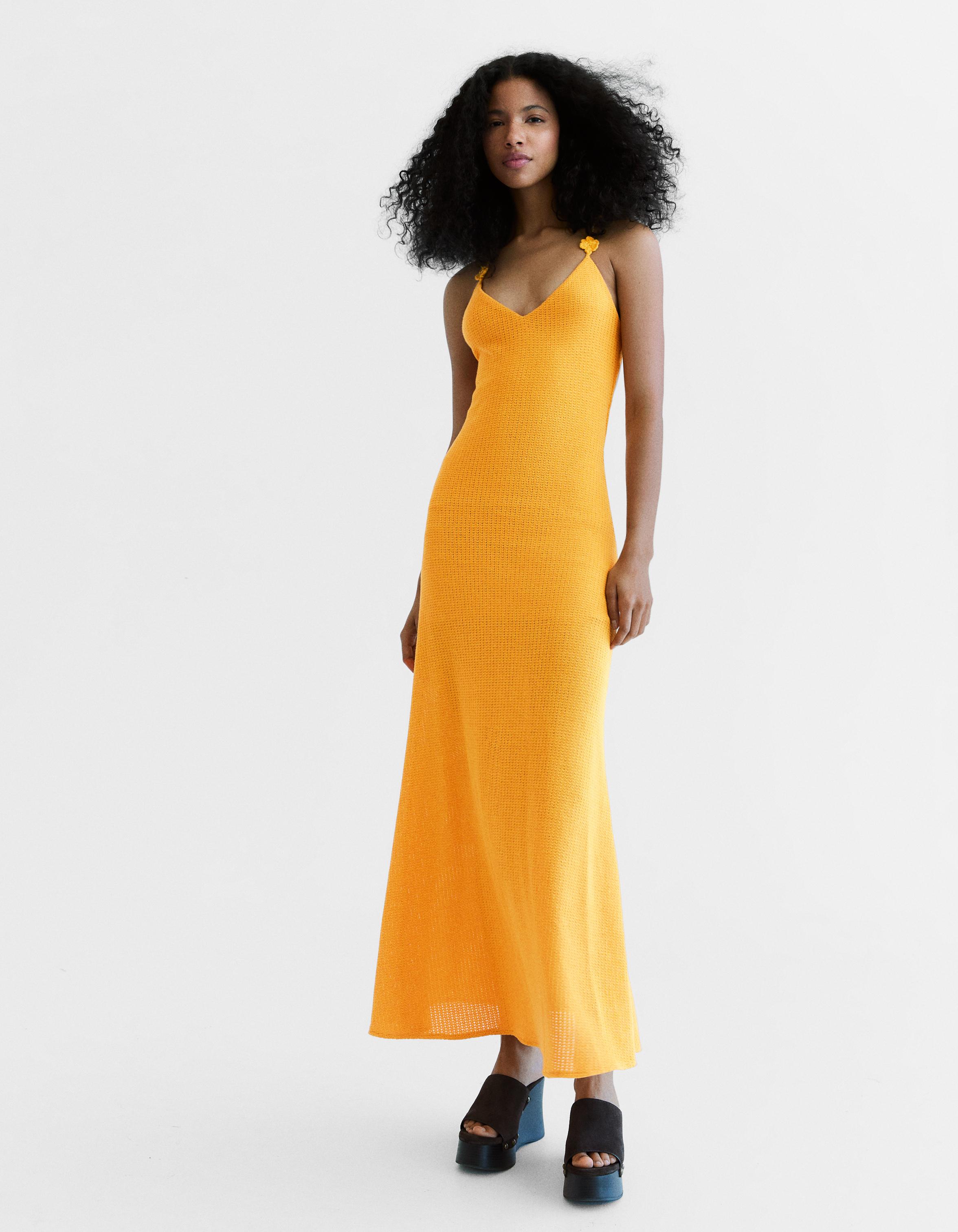 Vestido Midi Rústico Crochet Mujer S Amarillo