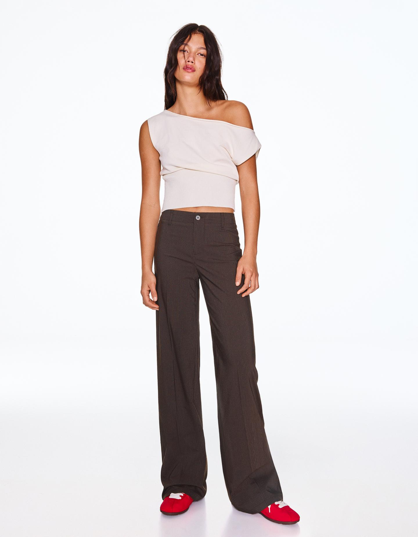 Bershka Pantalón Wide Leg Mujer Marrón