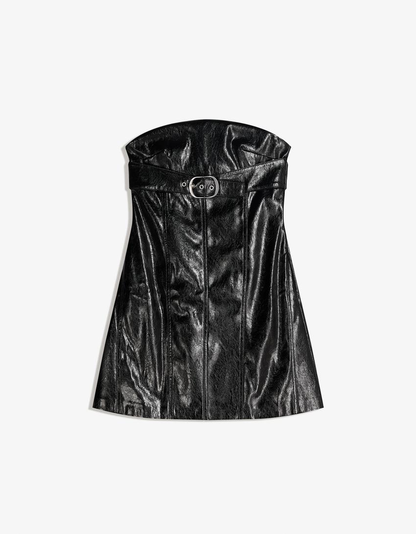 Vestido mini polipele fivela-Preto
