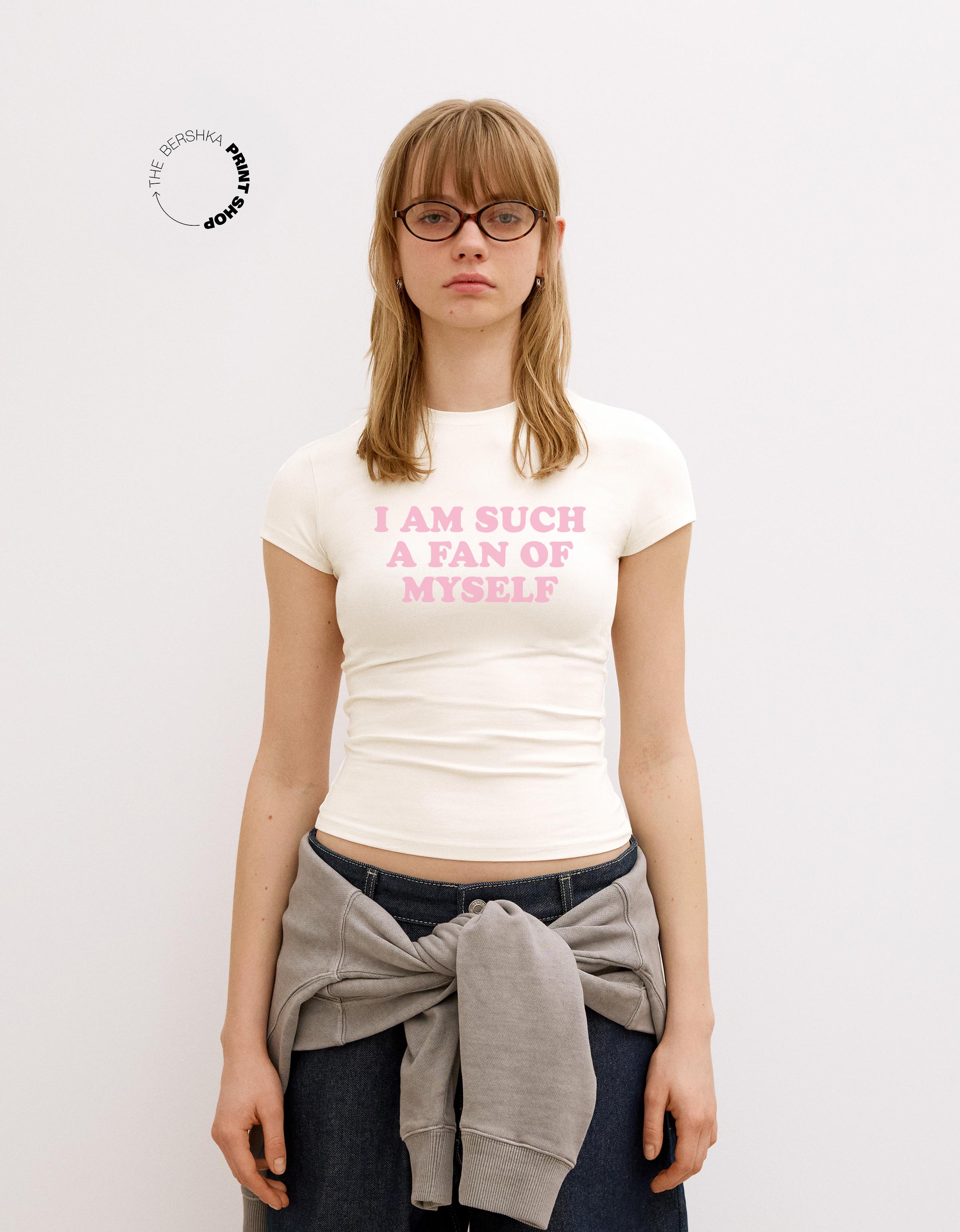 Bershka T-Shirt Mit Print Und Kurzen Ärmeln Damen Xl Grbrochenes Weiss