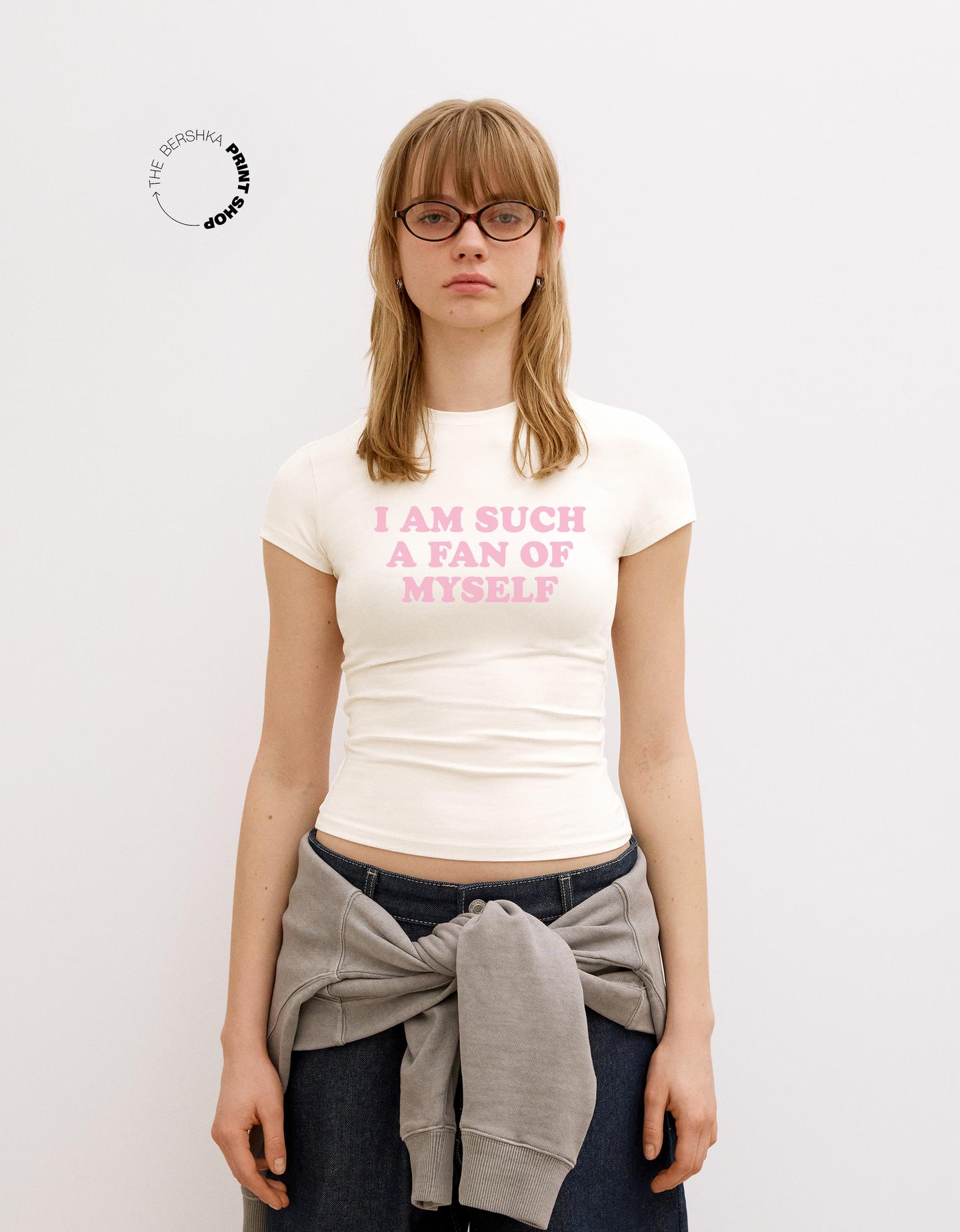 Bershka Camiseta Manga Corta Print Mujer 10-12 Blanco Roto