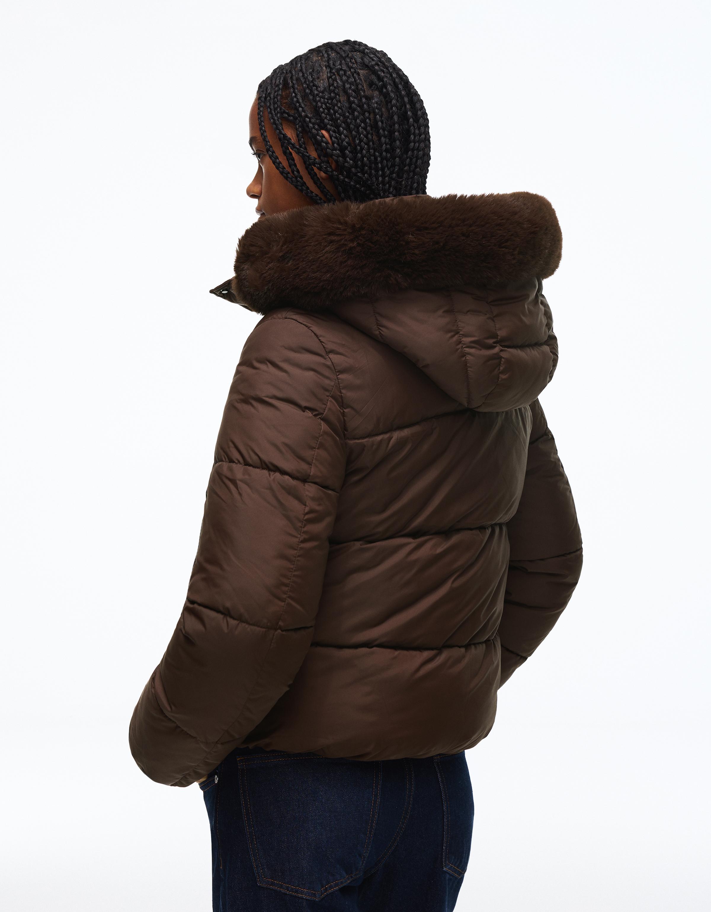 Padded jacket with fur hood — Brown