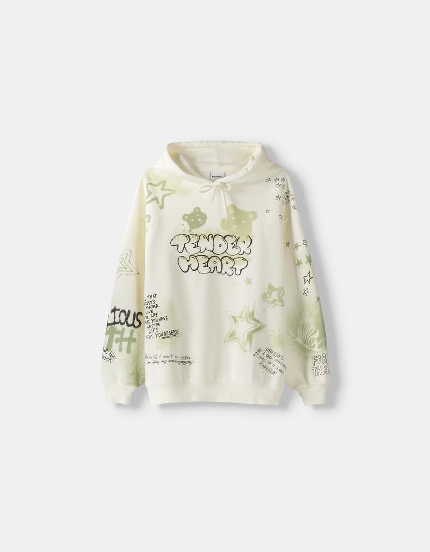 Sweat capuche imprimé-Écru-4