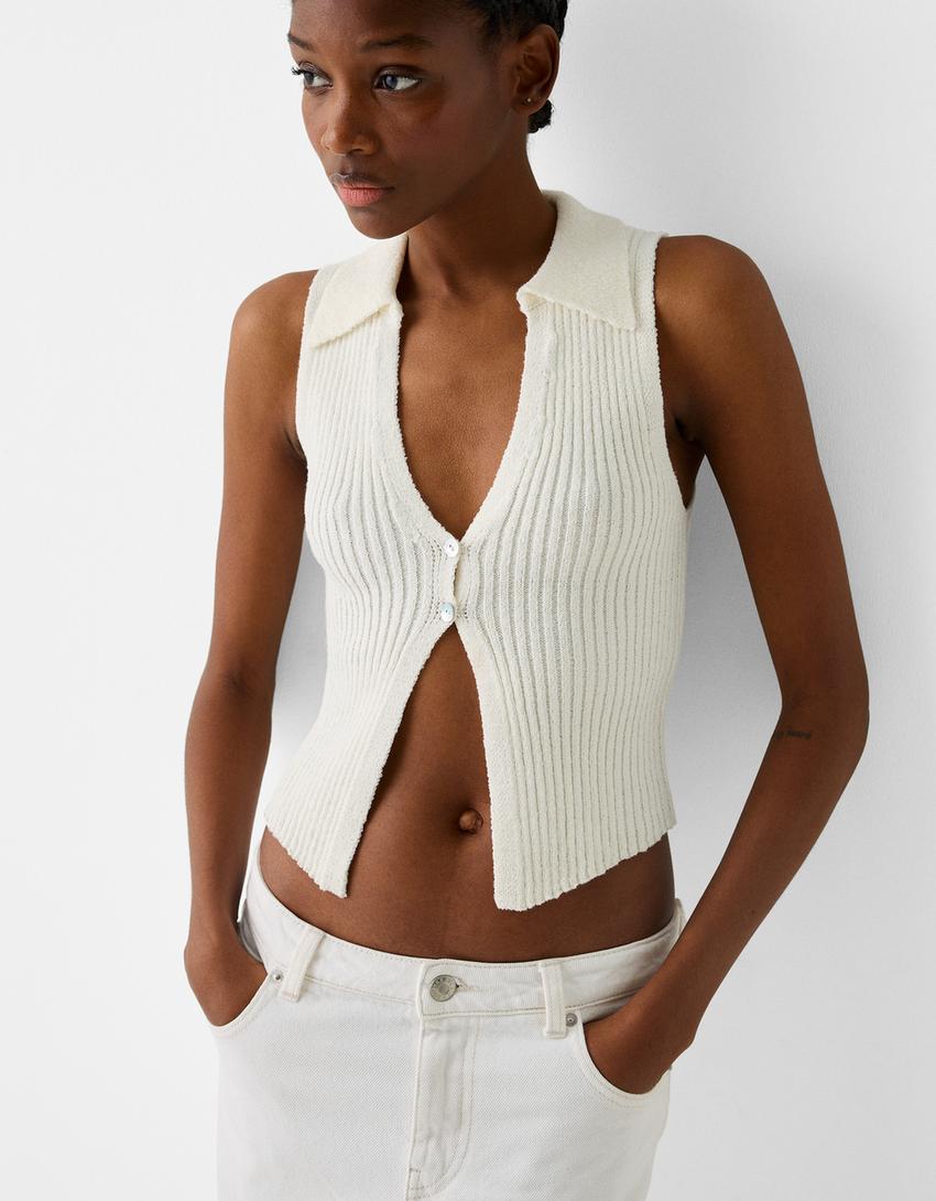 Rustic polo collar vest-Cream-2