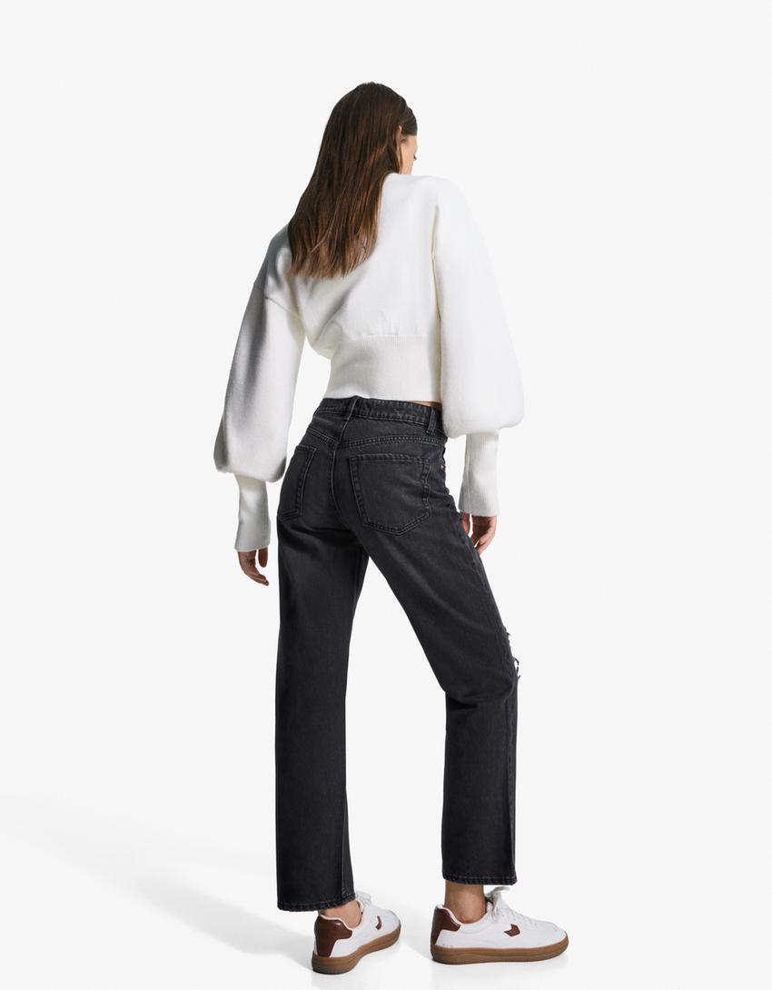 Blugi straight fit cropped rupți-Negru-2