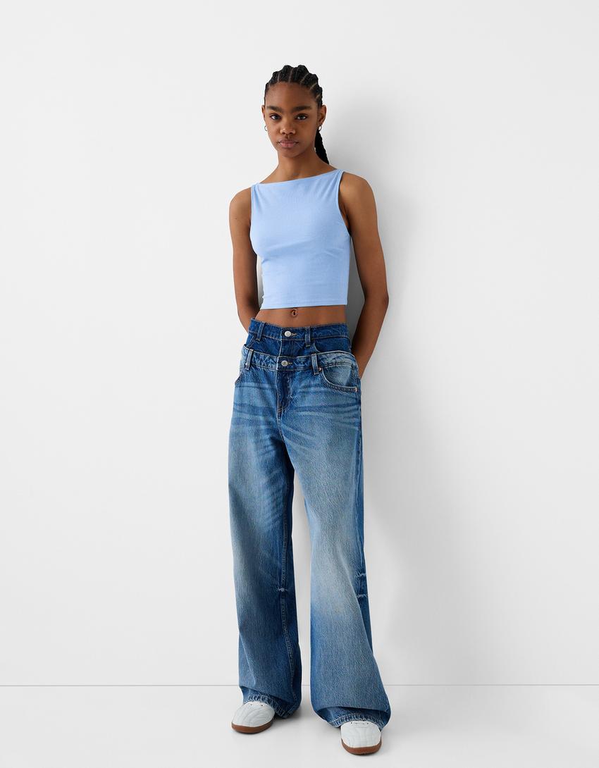 Sleeveless ribbed T-shirt-Light blue-3