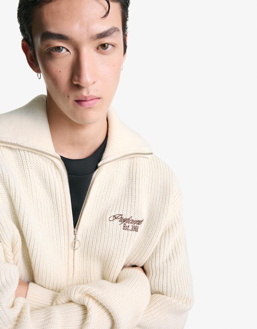 Veste zippée brodée-Blanc cassé-1