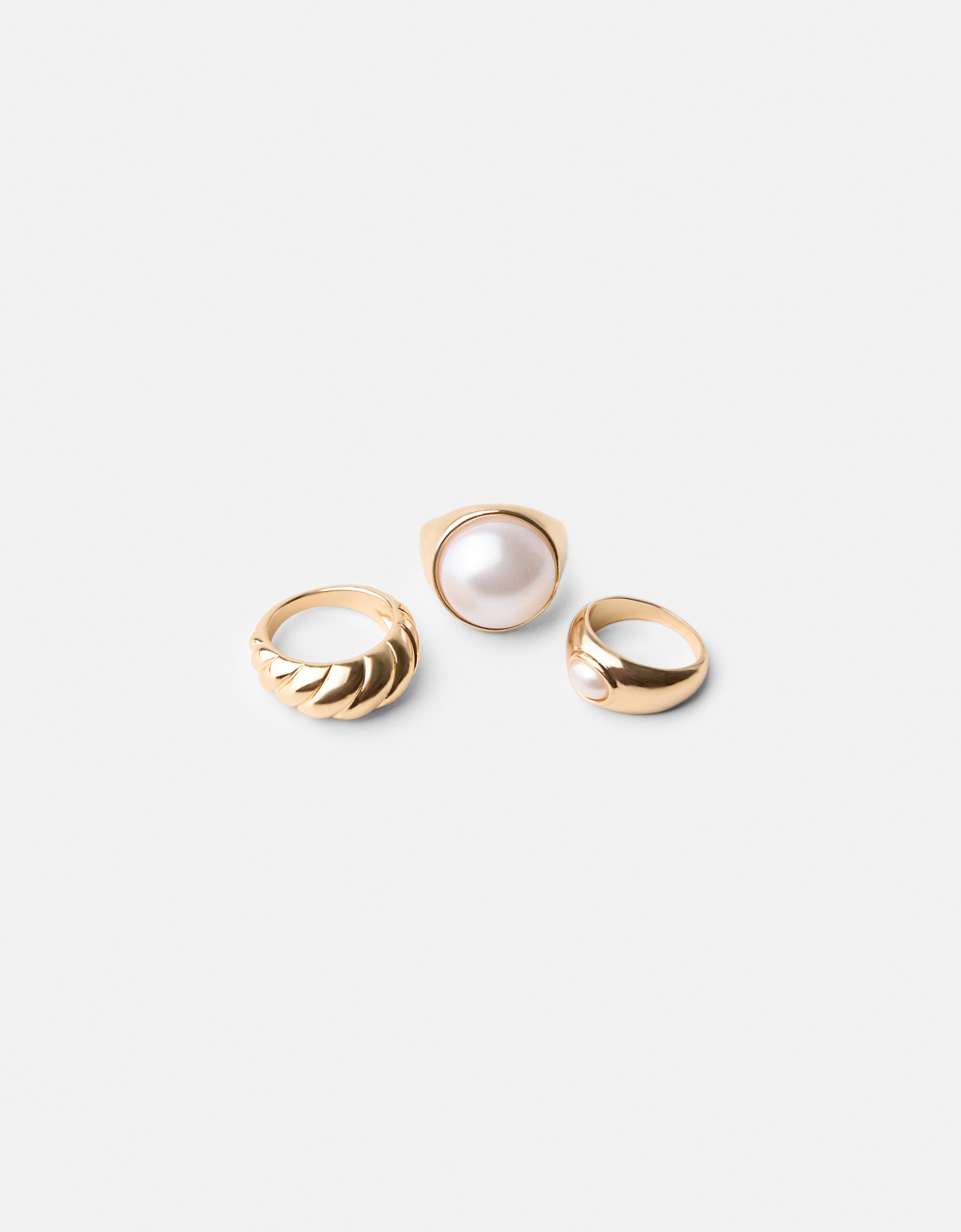 Bershka 3er-Pack Ringe Mit Kunstperlen Damen M Gold