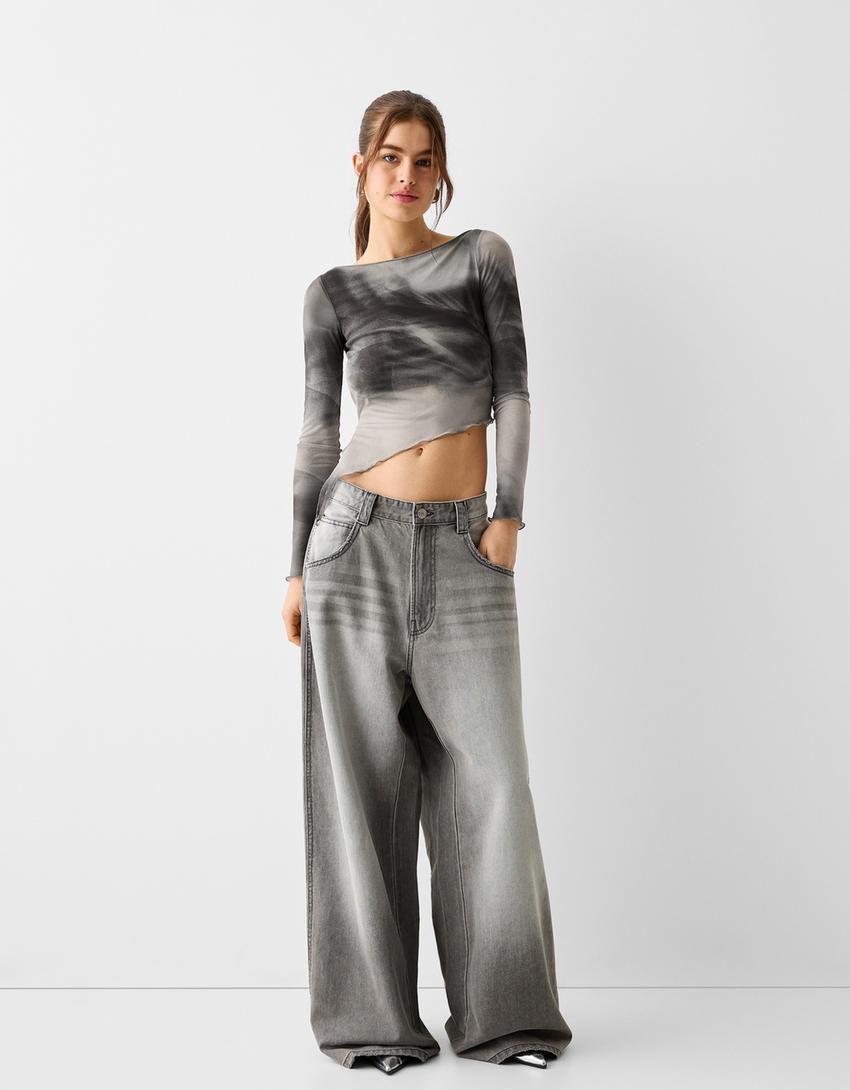 Long sleeve tulle print T-shirt-Dark grey-3