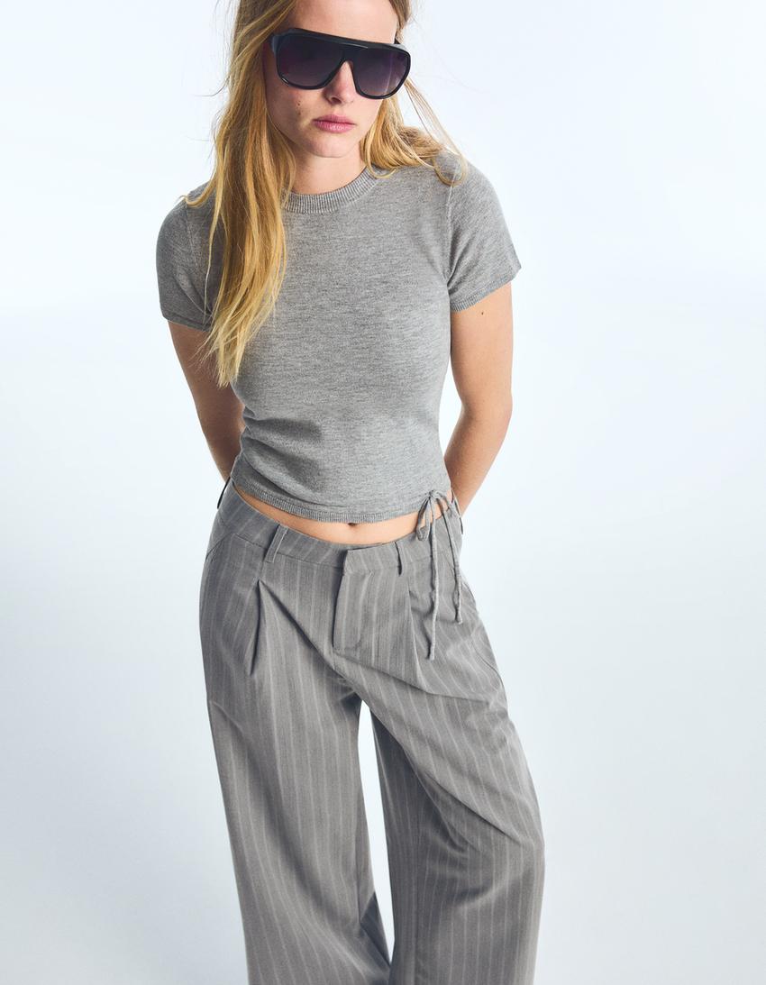 Short-sleeved round neck knit jumper-Grey