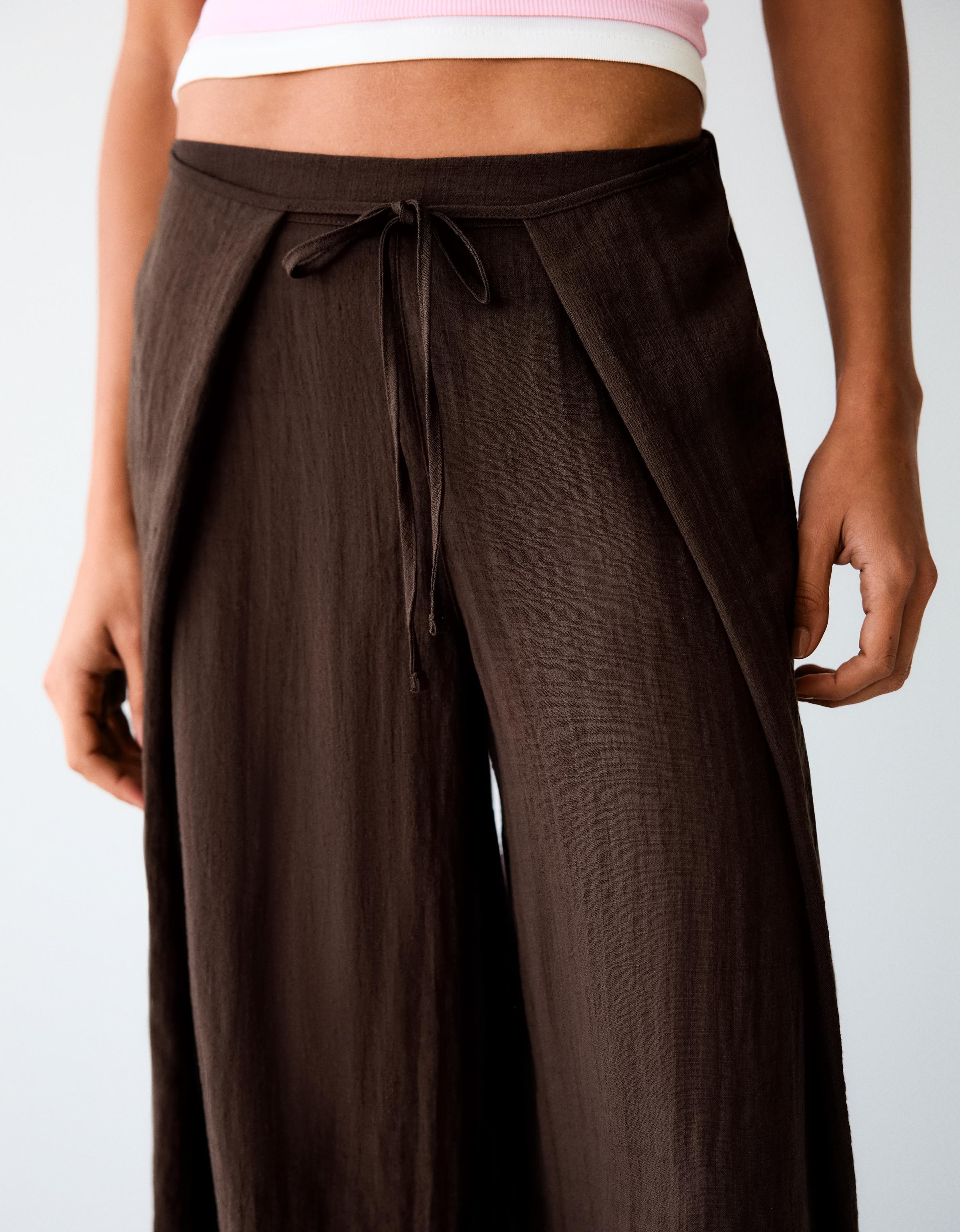 Rustic wide-leg pleated trousers — Brown
