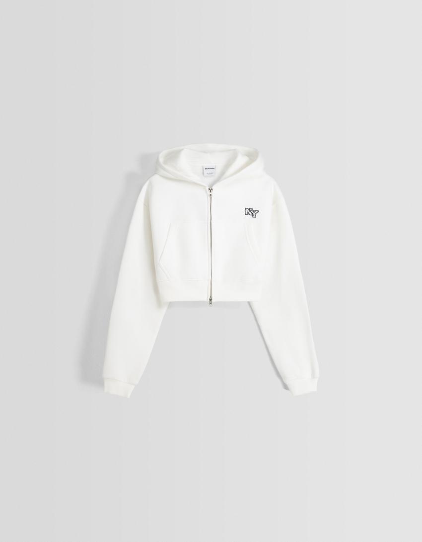 Sweat capuche cropped fermeture Éclair imprimé-Blanc cassé-4