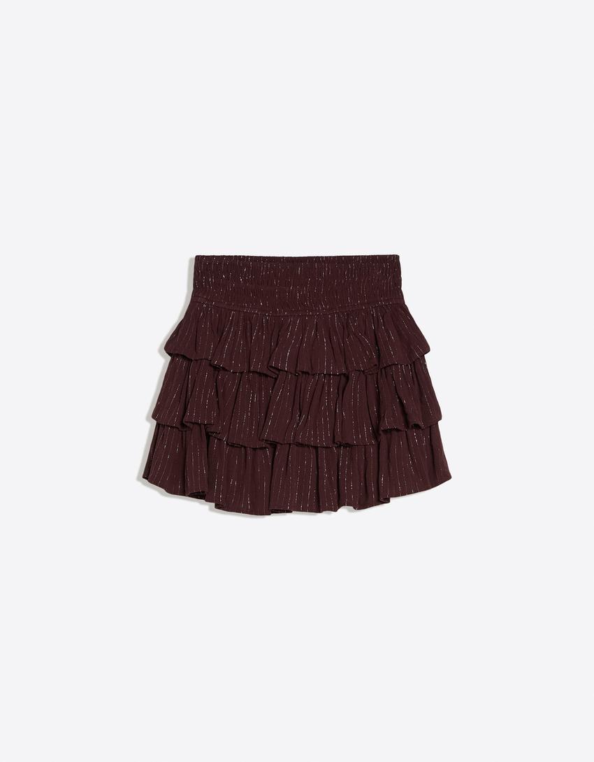 Metallic thread ruffled mini skirt-Brown