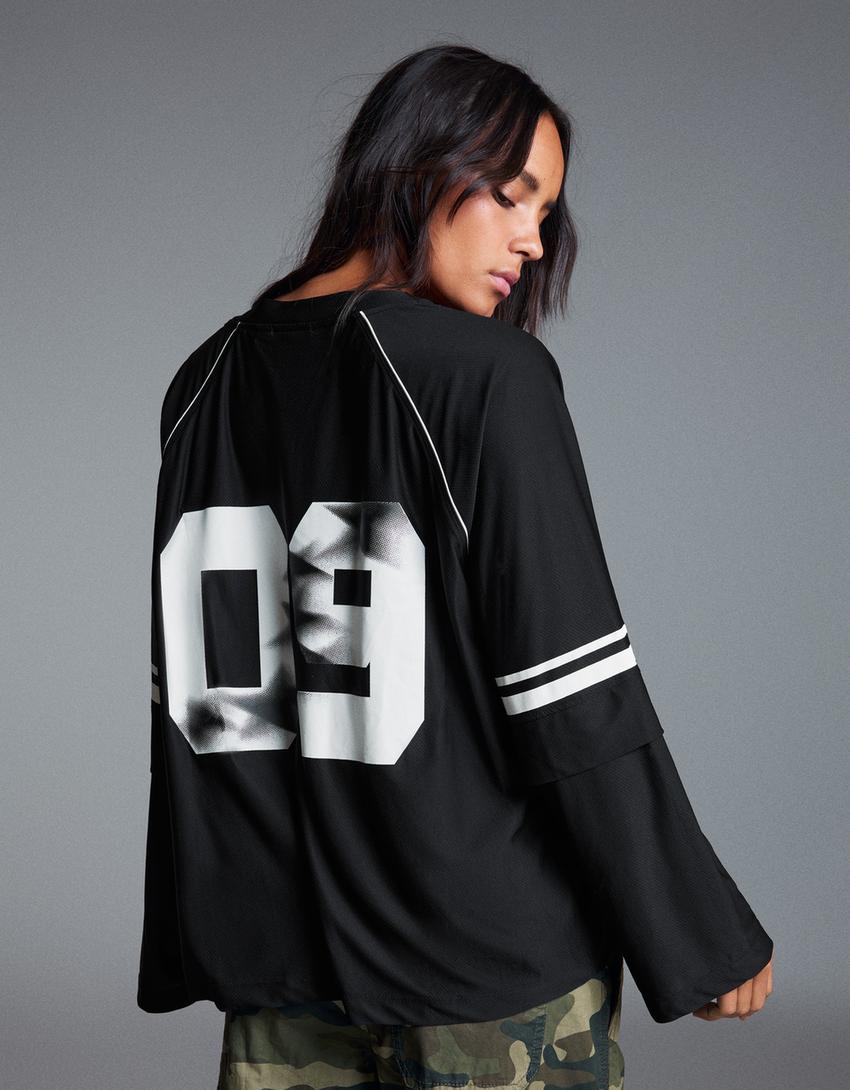 Maglietta oversize doppia manica stampa-Nero