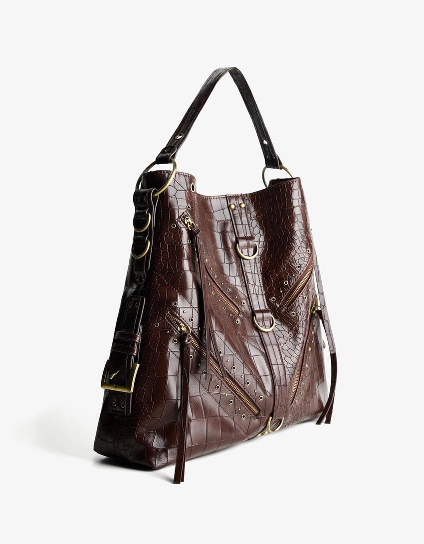 Maxi leather effect studded bag-Brown