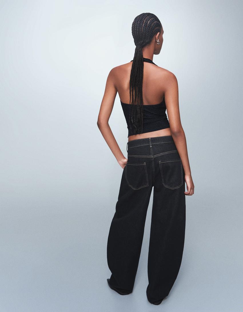Drape detaylı halter yaka bluz-Denizci mavisi