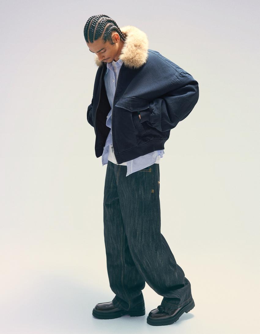 Jacket with faux fur collar-Navy