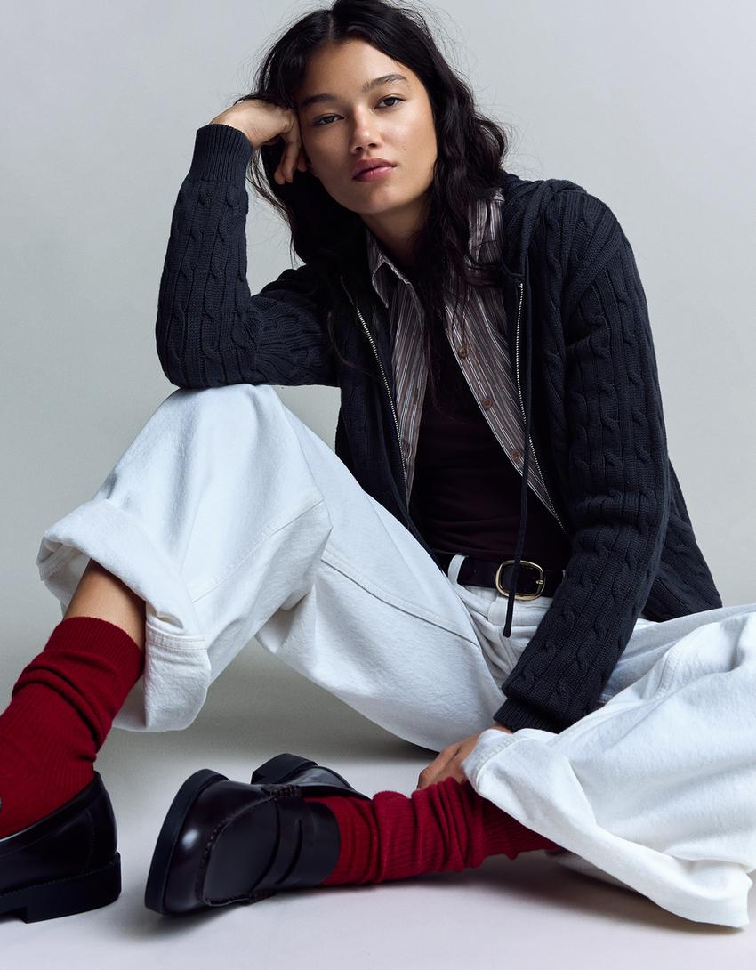 Cable knit zip-up cardigan-Navy