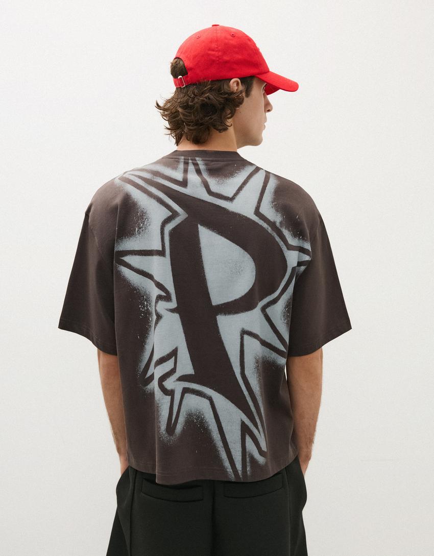 Short sleeve boxy print T-shirt-Grey