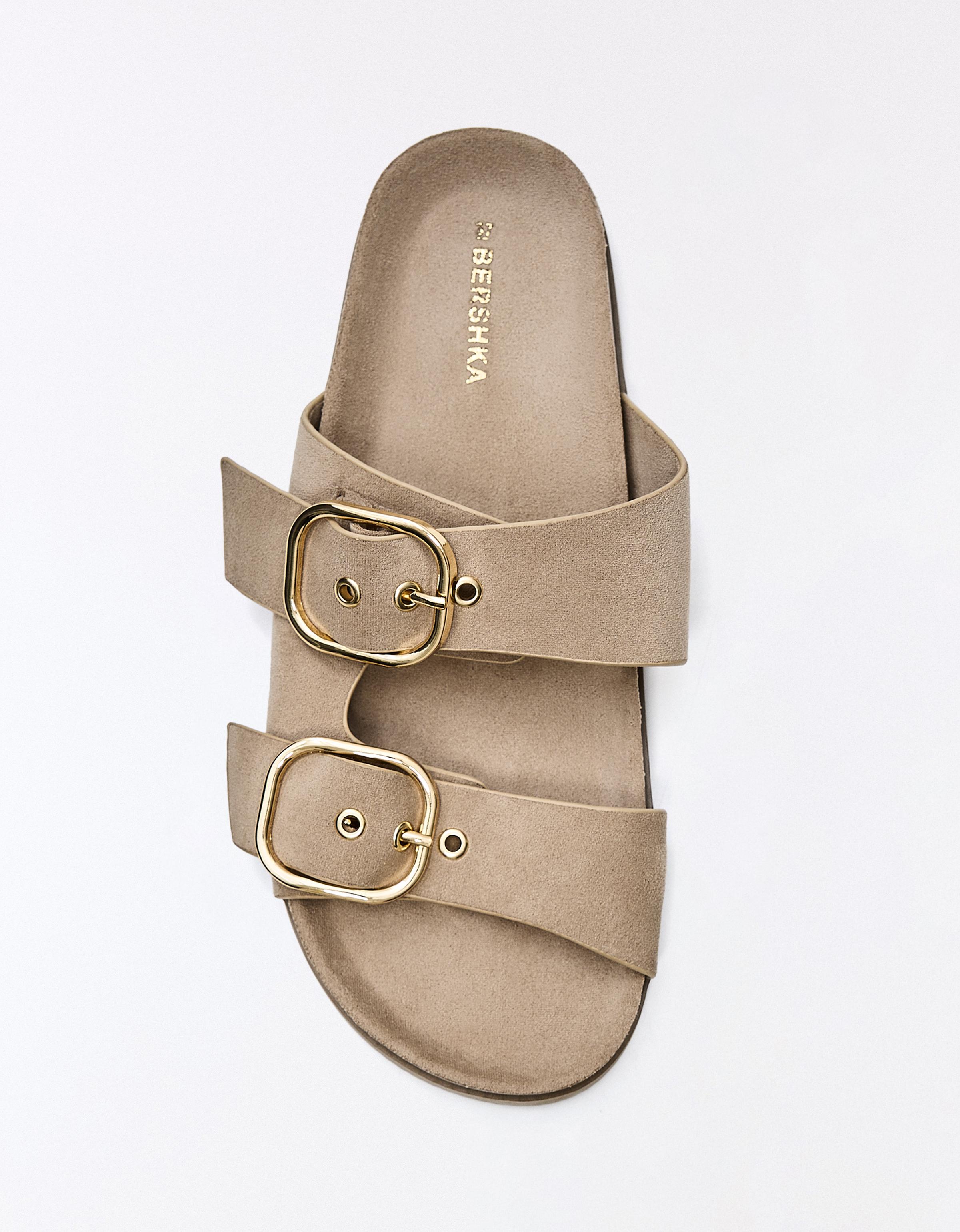 Buckled flat slider sandals — SAND