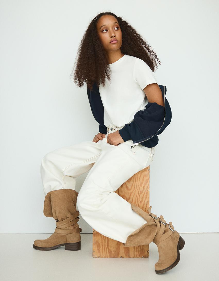 BOTTES BIKER À BOUCLES-Beige