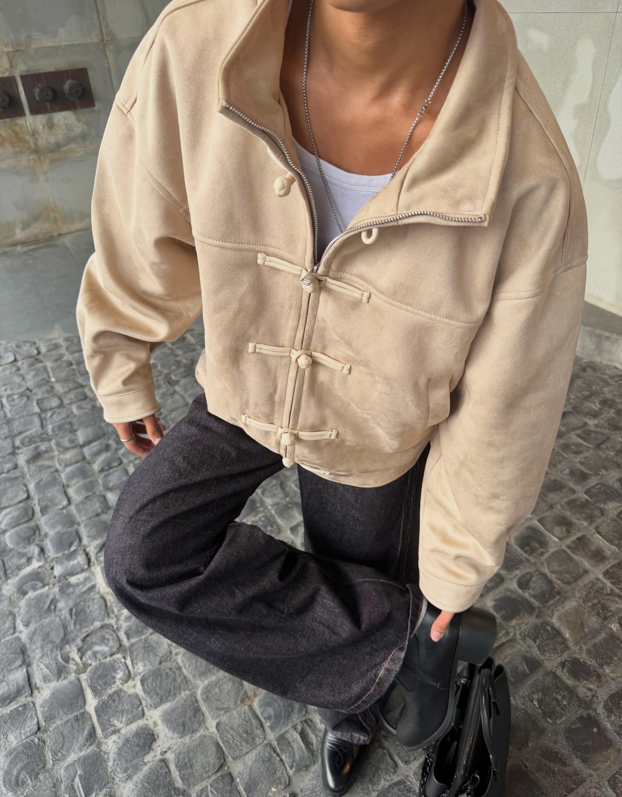 Faux suede jacket with clasps — Beige
