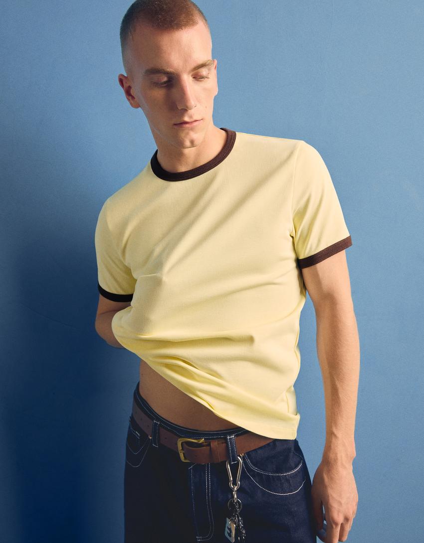 Short sleeve contrast rib T-shirt-Yellow