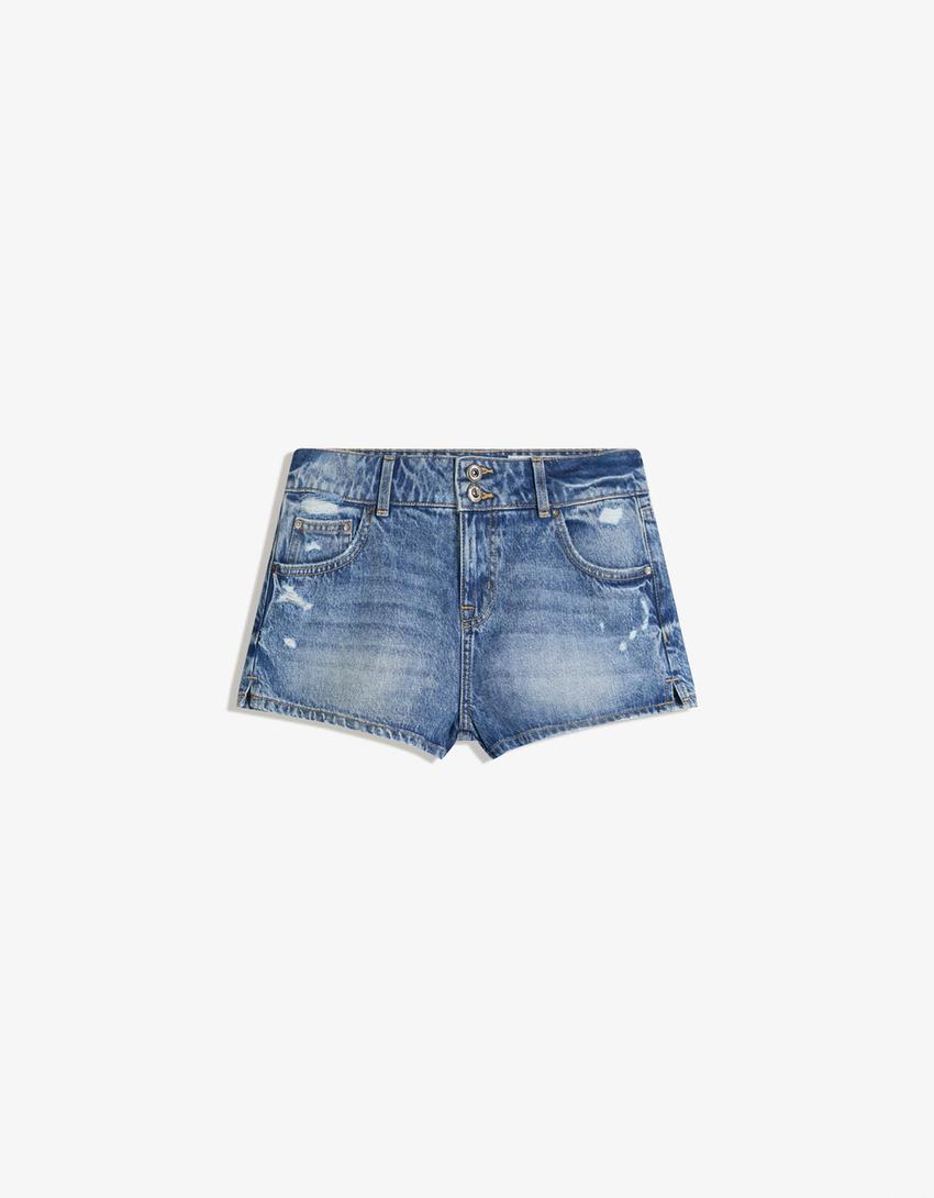 Printed denim shorts-Light blue