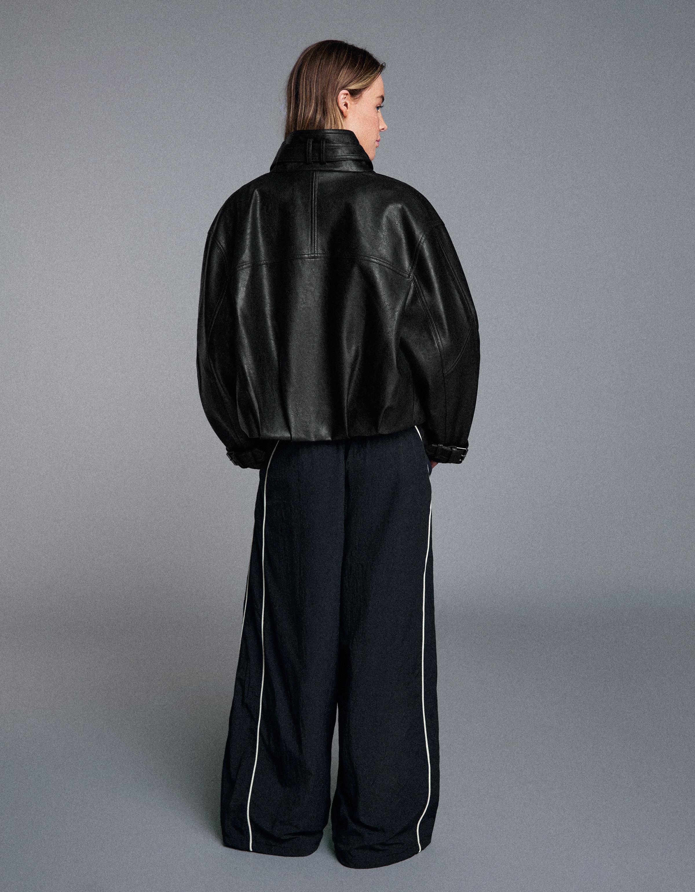 Leather effect funnel neck jacket — Black