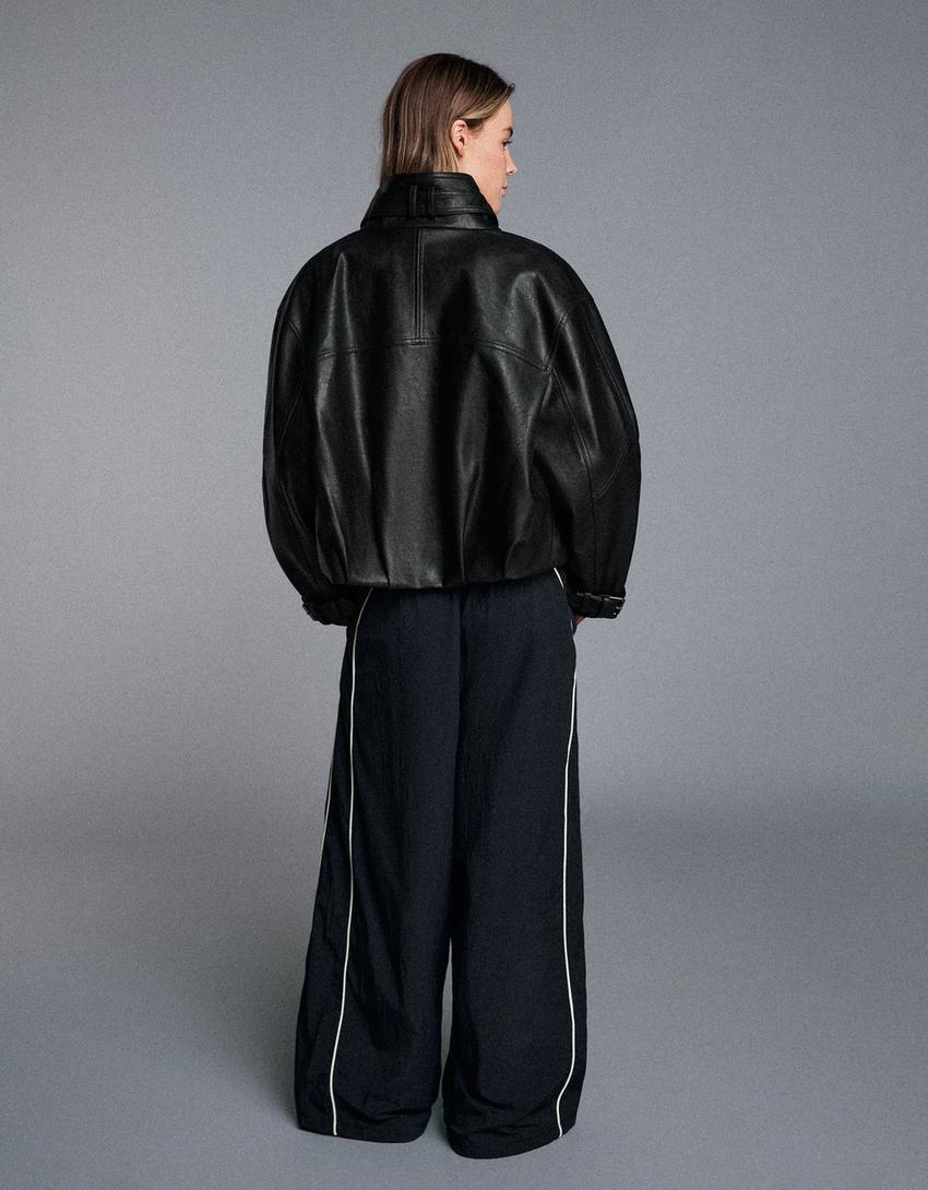 Faux leather funnel collar jacket-Black