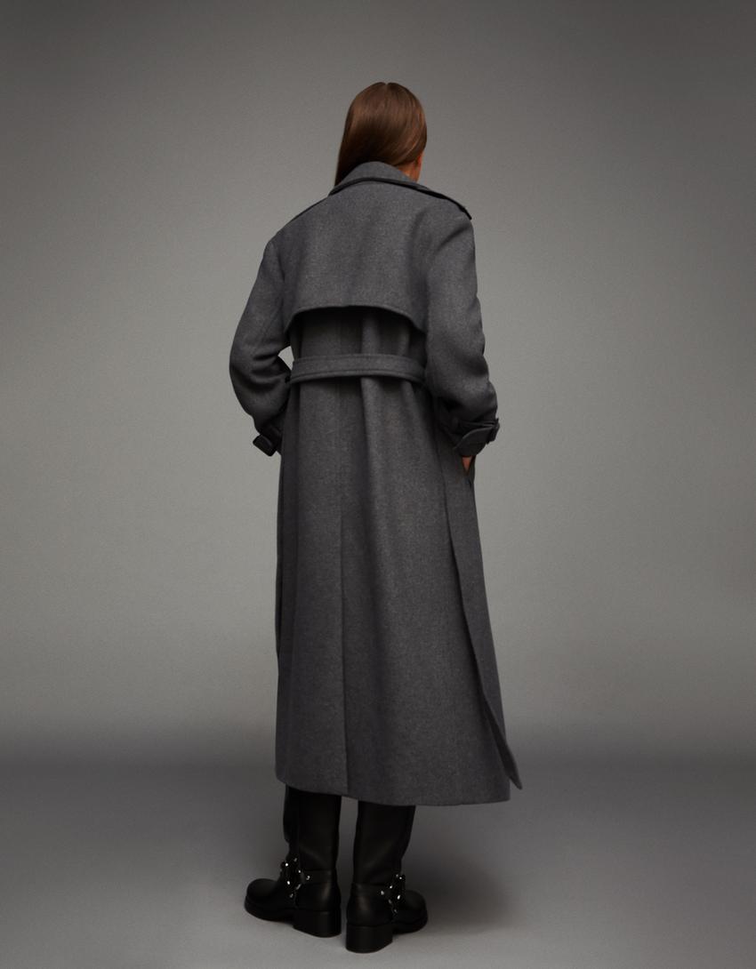 Trench-coat oversize en laine-Gris